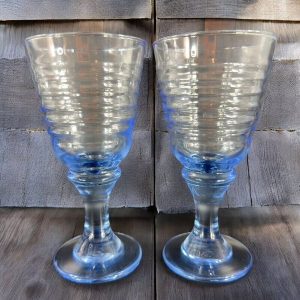 Libbey Sirrus Light Blue Drinking Cups Goblets Vintage Spool‎ Stem Glasses Set 2